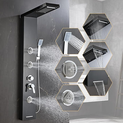6 in1 Multi-Function Shower Panel Tower System-Brushed Black | 304 stainless steel Shower Panel Column Tower with Powerful Body Massage, Rainfall, Waterfall,Handheld and Tub Spout