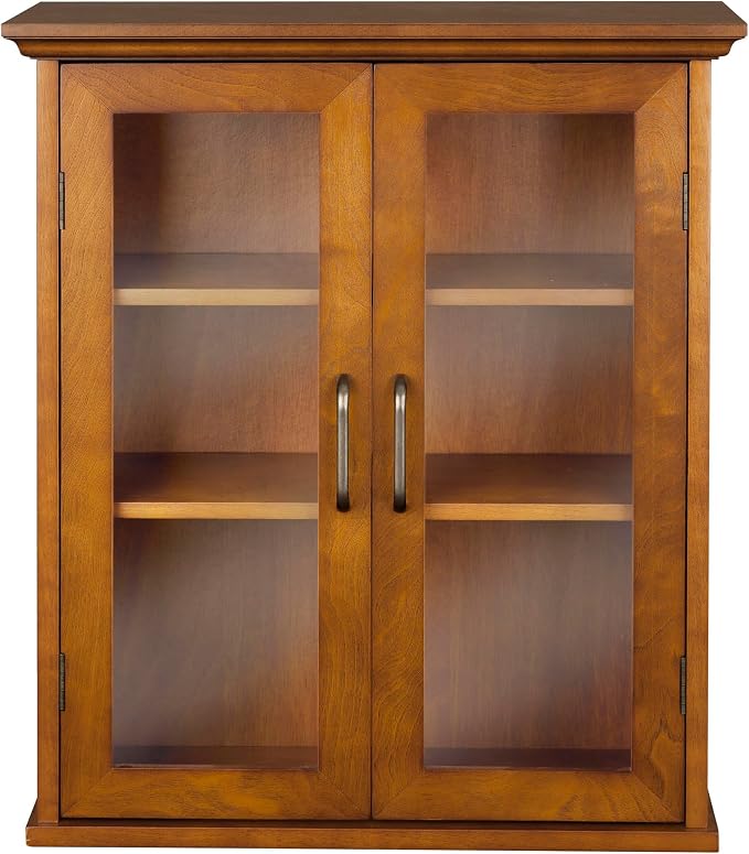 Teamson Home Avery Wooden Over The Toilet Bathroom Removable Wall Medicine Cabinet with 2 Adjustable Shelves 3 Storage Spaces 2 Glass-Paneled Doors and Antique Brass Knobs, Oiled Oak | Glass Paneled Doors, 2 Adjustable Shelves, Antique Brass Knobs, Med...