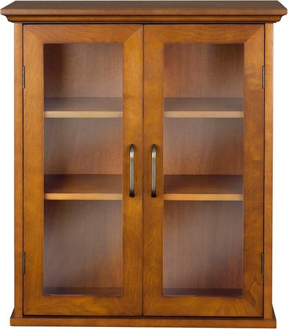 Teamson Home Avery Wooden Over The Toilet Bathroom Removable Wall Medicine Cabinet with 2 Adjustable Shelves 3 Storage Spaces 2 Glass-Paneled Doors and Antique Brass Knobs, Oiled Oak | Glass Paneled Doors, 2 Adjustable Shelves, Antique Brass Knobs, Med...