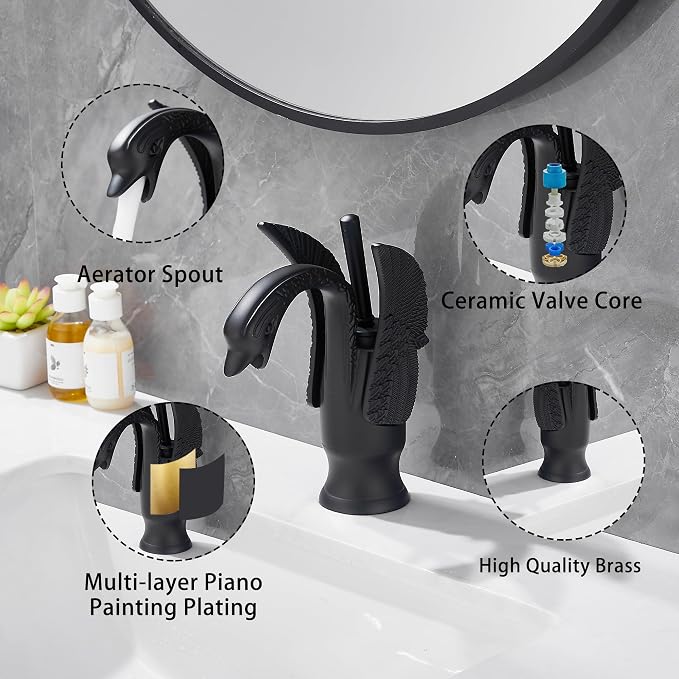 Bathroom Faucet Matte Black Swan Single Handle 1 Hole Bathroom Vanity Faucet Basin Tap Deck Mount Lavatory