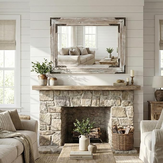 Distressed White 24x36 Inch Wood Bathroom Vanity Mirror, Rivets | Farmhouse style, beveled glass edge, layered whitewashed grain, single-sink bathrooms, dressers and entry consoles