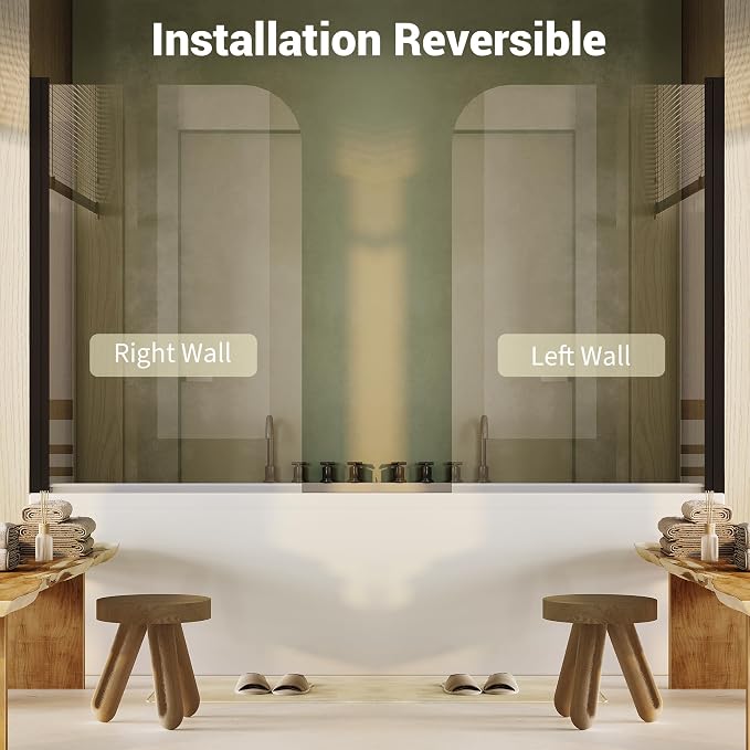 32" x 55"Frameless Tub Shower Door, 180° Rotatable Reversible Left/Right Opening, 1/4" Clear Tempered Glass, Matte Black Finish