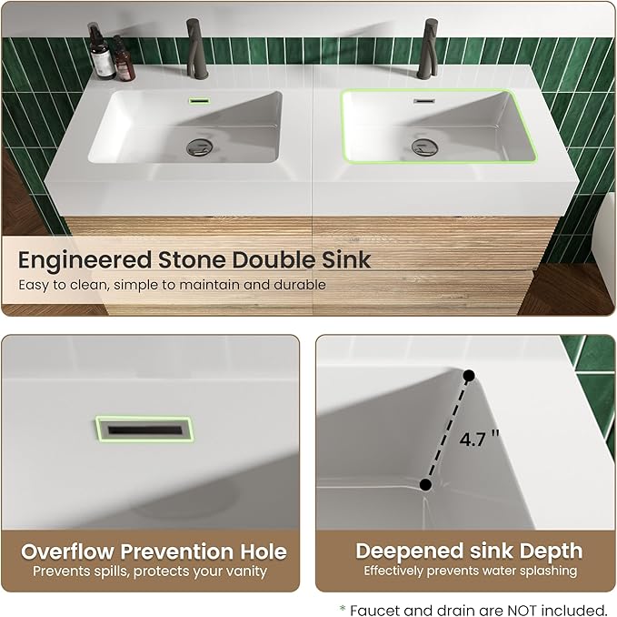 48" Floating Bathroom Vanity with Sink Combo, Modern Floating Double Sink Bathroom Vanity with Solid Surface Tops & 4 Soft-Closing Drawers, Large Storage for Powder Room, Apartment, Rough Oak