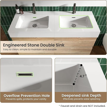 48" Floating Bathroom Vanity with Sink Combo, Modern Floating Double Sink Bathroom Vanity with Solid Surface Tops & 4 Soft-Closing Drawers, Large Storage for Powder Room, Apartment, Rough Oak