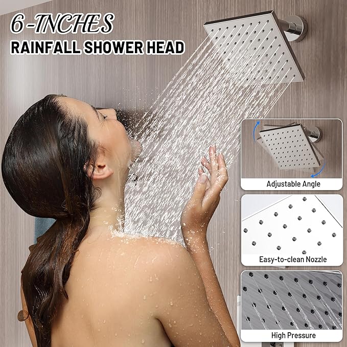 Rain Shower System - 6 inches Shower Head with Handheld Combo Set, Wall Mounted Shower Faucet Set with Slide Bar and 3-Setting Handheld Shower Head (Shower Valve and Trim Kit Included), Chrome