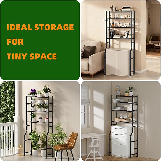 4-Tier Over Toilet Storage with Anti-Tilt Safety System - 150lb Total Capacity Metal Bathroom Shelves Including Paper Holder & 4 Hooks, Space Saving Above Commode Organizer (64" H, Black)