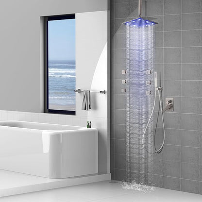 SKOWLL Brushed Nickel Shower Faucet Set Ceiling Mount 12 Inch LED Rainfall Shower Head with Body Jet Complete, Bathroom Shower System with Handheld, Pressured Balance Rough-in Valve