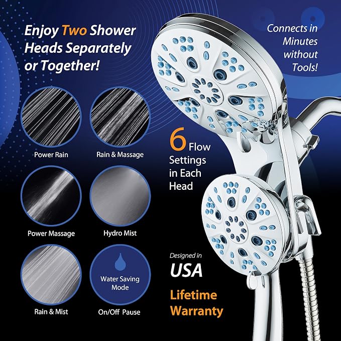 AquaCare Magneton 48-Mode High Pressure Rain & Handheld Shower Head Combo | Space-age Magnetic Guidance Docking, Dual 6-mode Heads with Hygienic Jets, Extra-long 6 ft. Stainless Steel Hose / Chrome