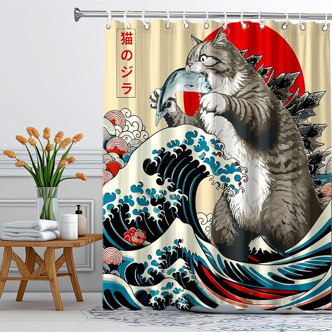 Funny Japanese Cat Shower Curtain, Vintage Cat Eating Fish Japan Art Anime Sunset Wave Waterproof Shower Curtain with Hooks, Animal for Kids Fabric Shower Curtains Bathroom Decor 72X72inches