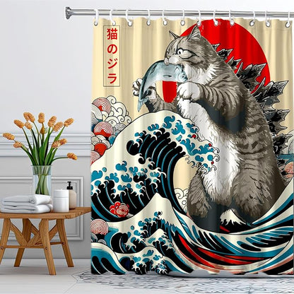 Funny Japanese Cat Shower Curtain, Vintage Cat Eating Fish Japan Art Anime Sunset Wave Waterproof Shower Curtain with Hooks, Animal for Kids Fabric Shower Curtains Bathroom Decor 72X72inches