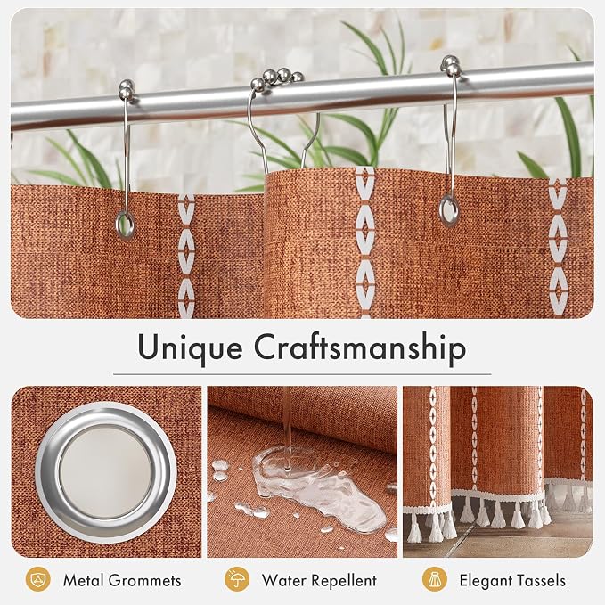 Bathway Farmhouse Shower Curtain Boho with Tassels, Linen Blend Heavy Duty Shower Curtain Set with 12 Metal Hooks, Vintage Rustic Fabric Curtain for Children Bathroom Window, 72x72 Inches, Fire Orange