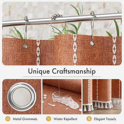 Bathway Farmhouse Shower Curtain Boho with Tassels, Linen Blend Heavy Duty Shower Curtain Set with 12 Metal Hooks, Vintage Rustic Fabric Curtain for Children Bathroom Window, 72x72 Inches, Fire Orange