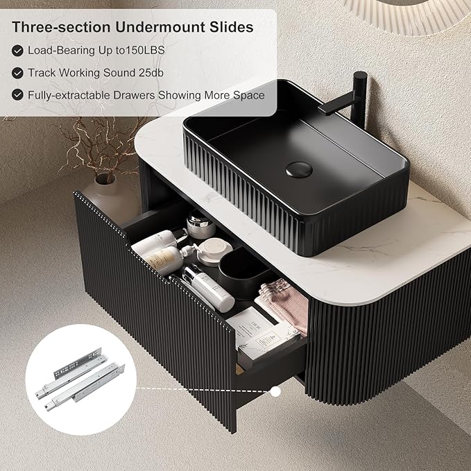 30'' Floating Bathroom Vanity with Sink, Natural Solid Wood Modern Bathroom Vanities with Rectangular Ceramic Basin and Marble Top, Soft-Close Drawer, Pre-Assembled, Black