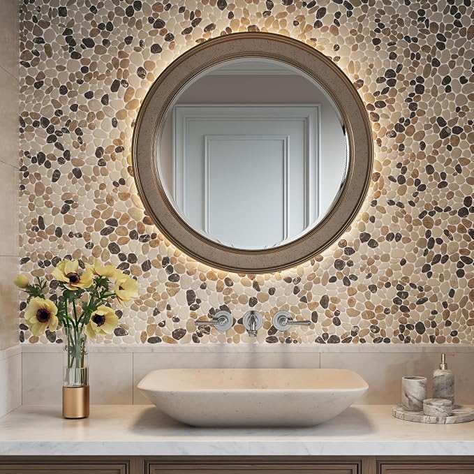 Pebble Tile, Brown Beige Sliced Pebble Stone Tiles for Shower Kitchen Backsplash Bathroom Wall and Floor, 4 Sheets