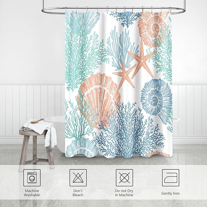 Nautical Coastal Shower Curtain, Blue Orange Teal Beach Ocean Theme Shower Curtain for Bathroom Decor, Summer Tropical Seashell Starfish Coral Fabric Shower Curtain Set with Hooks, 72x72