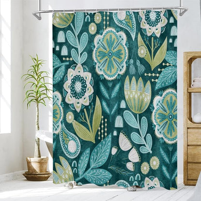 Boho Floral Shower Curtain, Deep Teal Botanical Fabric Curtain, 72 x 72 | Boho Chic Floral, Vintage Botanical, Modern Farmhouse, Eclectic Rustic, Colorful Flowers, Fabric Shower Curtain