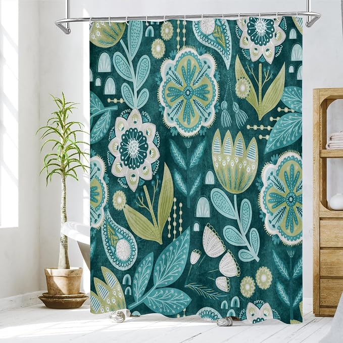 Boho Floral Shower Curtain, Deep Teal Botanical Fabric Curtain, 36 x 72 | Boho Chic Floral, Vintage Botanical, Modern Farmhouse, Eclectic Rustic, Colorful Flowers, Fabric Shower Curtain