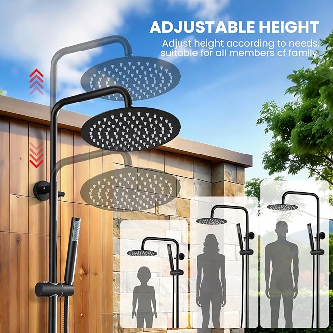 gotonovo Outdoor Shower Kit 304 Stainless Steel, Matte Black, 8 Inch | Rain Outdoor Shower Head and Handle Set Fixture System Faucet, Exposed Wall Mounted, for Outside Yard Pool Seaside/Indoor