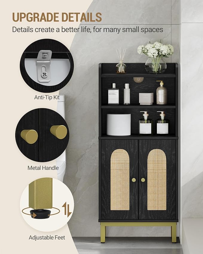 Hzuaneri Bathroom Storage Cabinet, Small Floor Cabinet with 2 Door | Toilet Paper Cabinets, Bathroom Organizer with Adjustable Shelf, for Small Spaces,Rattan Black,Arch Door,7.1" Dx14.6 Wx32.7 H