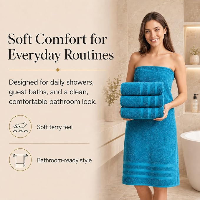 Velqora Bath Towels, 2 Pack, 30x60 in, 100% Cotton, Soft & Absorbent, Blue | Balanced Weight | Everyday Comfort | Easy Care