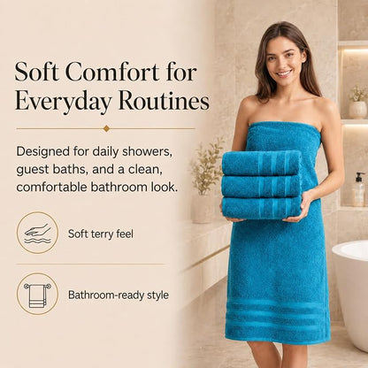 Velqora Bath Towels 4 Pack, 30x60 in, 100% Cotton, Soft, Multicolor | Pink, Gray, Beige & Blue Mix | Absorbent Terry | Balanced Weight | Easy Care