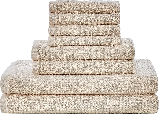 Nautica – Bathroom Towels, Soft Waffle Texture Washcloth, Bath & Hand Towels, Quick Dry & Highly Absorbent Cotton, Set of 8, College Dorm Room Essentials (Oasis Beige)