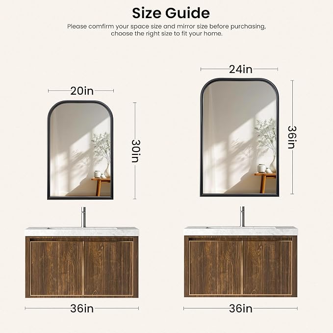 Arch Wall Mirror for Wall Mounted, Tempered Glass, Wood Grain Finish Frame Wall Mirror Decorative for Bedroom Living Room Vanity Mirror (Black, 30" L x 20" W)