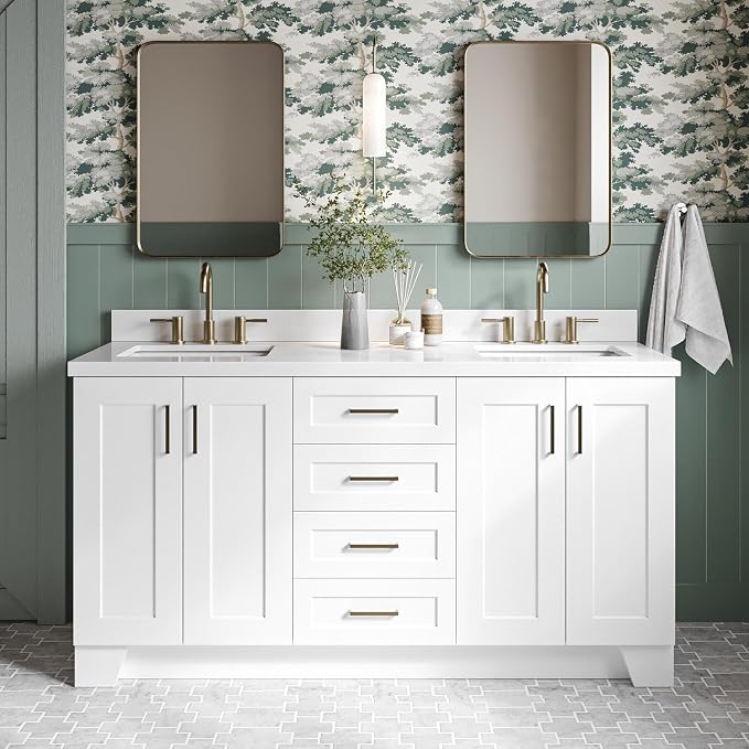 Emilia 66-Inch White Double Bathroom Vanity, 1.5-Inch Edge Pure White Quartz Countertop & Splash, Rectangular Sinks, 4 Soft Closing Doors, 6 Dovetail Drawers, Toe Kick, Satin Brass Hardware