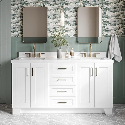 Emilia 66-Inch White Double Bathroom Vanity, 1.5-Inch Edge Pure White Quartz Countertop & Splash, Rectangular Sinks, 4 Soft Closing Doors, 6 Dovetail Drawers, Toe Kick, Satin Brass Hardware