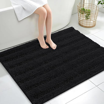 OLANLY Thick Large Bathroom Rugs 40x32, Soft Chenille Bath Rugs, Black | Absorbent Striped, Rubber Backing, Machine Wash Dry, Bath Mats for Bathroom Floor, Tub and Shower, Home Decor Accessories