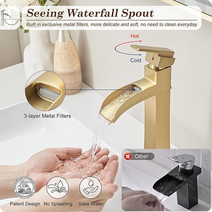 Brass Vessel Sink Faucets, Brushed Gold Tall Bathroom Faucet Single Handle, 1 Hole Bathroom Sink Faucet Waterfall Farmhouse Single Faucet Bathroom Sink with Pop-Up Drain & Pre-Installed Hoses