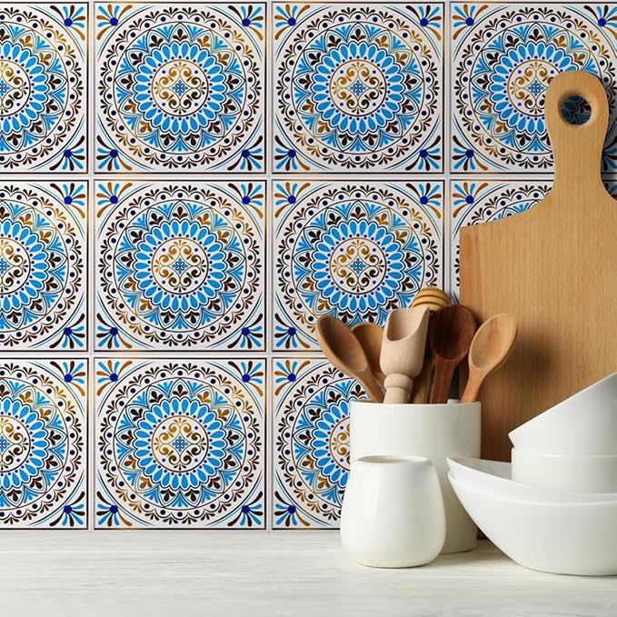 DICOFUN 32 Moroccan Tile Peel and Stick Backsplash, 6" x 6" Waterproof Mandala Stick on Wall Tiles (Style 2)