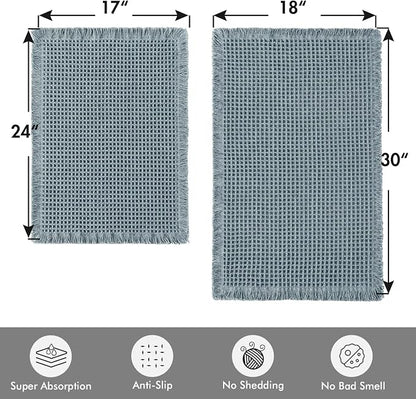 MIULEE Set of 2 Waffle Bathroom Rugs Dusty Blue Bath Mat 17"x24"+18"x30" | Non Slip, Super Absorbent, Washable, Ultra Soft, Rubber Backed, Small Boho Bath Rugs for Bathroom Floor Tub Shower