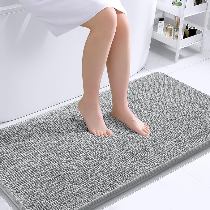 OLANLY Bathroom Runner Rugs 44x24, Extra Soft Absorbent Chenille Bath Rugs | Light Grey, Quick-Drying Rubber Backing, Washable Long Bath Mat for Bathroom Floor, Tub and Shower, Home Decor Accessories