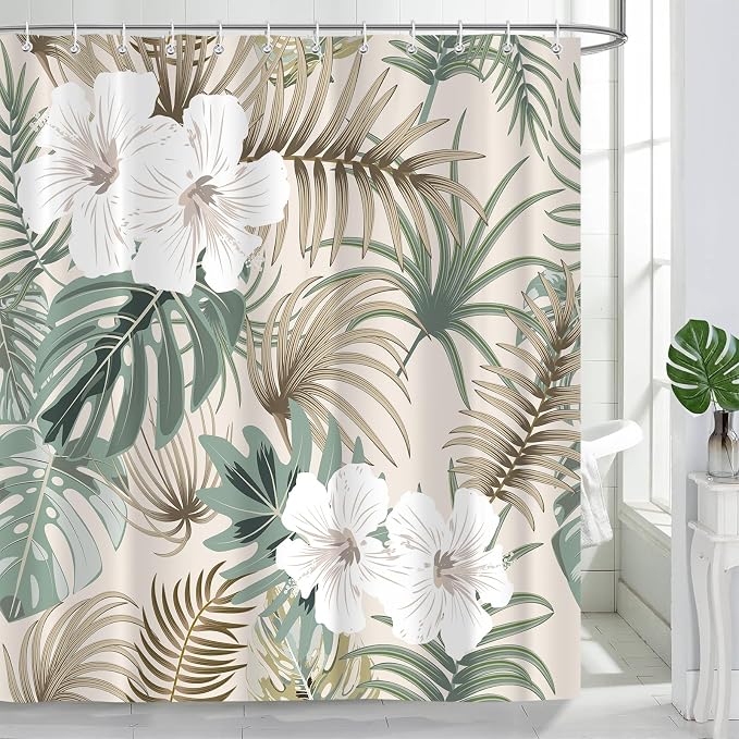 Tropical Shower Curtain for Bathroom, Green Palm Tree Flower Plant Boho Leaf Banana Monstera Sage Beige Shower Curtains Set, Fabric Bathroom Accessories with Hooks