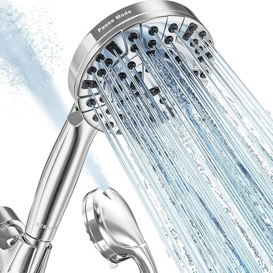 9 Settings High Pressure Handheld shower head with Power Wash | Pause Mode for Water Saving, Power Wash for Tub&Tile, Easy Clean Nozzles, 6ft Hose,Bracket / Premium Chrome