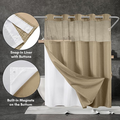 Americanflat 72x75 Hookless Waffle Pattern Shower Curtain - Water-Resistant Long Shower Curtain with Sheer Panel, Snap-in Liner, and Durable Grommets - 100% Polyester - Yellow
