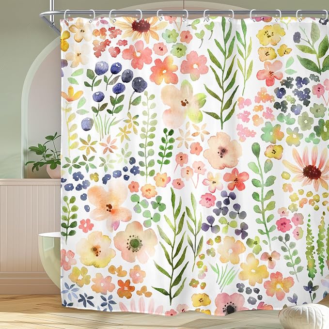 Green Yellow Floral Cute Colorful Kids Girly Bathroom Shower Curtain Set | 72"W x 72"H Botanical Plants; waterproof HD print, quick-dry fabric with 12 hooks for easy hanging.