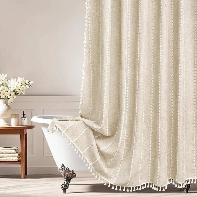Seenus Boho Farmhouse Beige Linen Textured Shower Curtain, 72 x 84 Inch Extra Long Soft Fabric Shower Curtain Heavyweight with Tassels, Cream White Striped Bathroom Décor Curtain Water Repellent