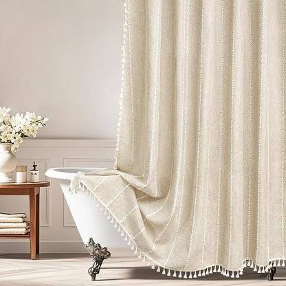 Seenus Boho Farmhouse Shower Curtain Heavyweight Extra Long 72 x 76 Inch, Beige Linen Textured Fabric Shower Curtain with Tassels, Cream Striped Elegant Bathroom Décor Curtain Water Repellent