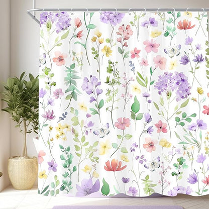 Cute Floral Purple Lilac Flower Wildflower Bathroom Shower Curtain Set | 72"W x 72"H Plants Leaves; waterproof HD print, quick-dry fabric and plastic hooks for easy setup.