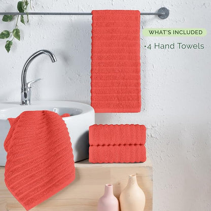 Elegant Comfort Luxury 100% Turkish Cotton Corduroy Ribbed 4 Pack Hand Towel Set 16 x 28 Inch - Absorbent, Super Soft, Quick Dry, Premium Towels for Bathroom, Gym, Spa and Hotel Use, Coral