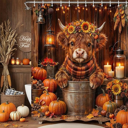 Fall Highland Cow Shower Curtain, Autumn Thanksgiving Pumpkin Funny Cow Rustic Barn Door Shower Curtain Set Bathroom, Western Farmhouse Brown Wood Board Harvest Fabric Bath Decor with Hooks,60X70IN