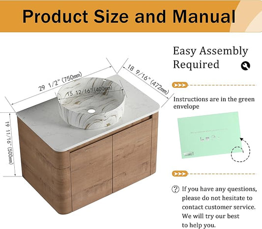 Malwee 30" Floating Bathroom Vanity with Sink, 30 Inch Wall Mounted Bathroom Cabinet Combo, Modern Single Sink Bath Storage Vanity Set, with 2 Soft Close Doors and Ceramic Vessel Basin Top(30-PP