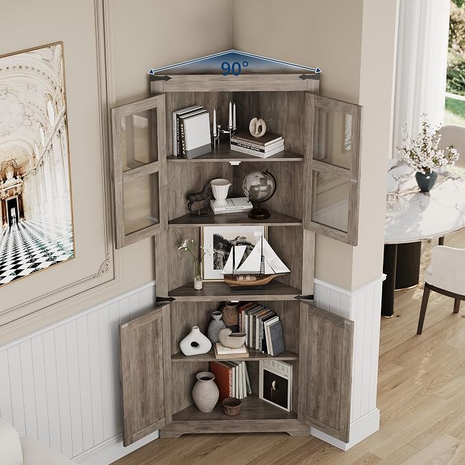 GarveeHome 67 in Tall Corner Storage Cabinet with Lights, Farmhouse Corner Hutch Display Cabinet with Glass Doors, Wooden Storage Organizer for Kitchen, Living Room, Bathroom, Washed Grey