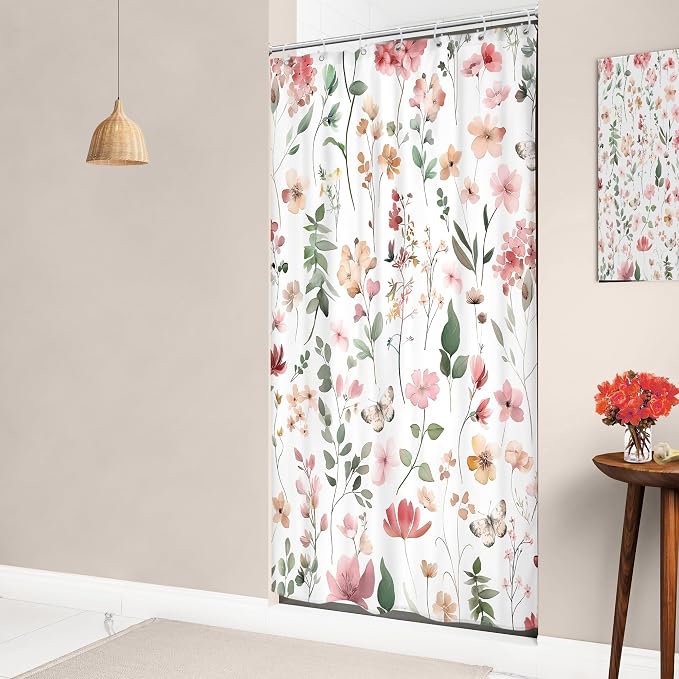 Small Stall Pink Floral Women Girls Coral Leaf Bathroom Shower Curtain Set | 36"W x 72"H Watercolor Wildflower; waterproof HD print, quick-dry fabric and plastic hooks for easy setup.