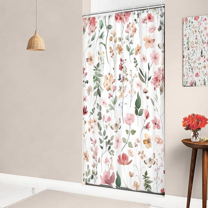 Small Stall Pink Floral Women Girls Coral Leaf Bathroom Shower Curtain Set | 36"W x 72"H Watercolor Wildflower; waterproof HD print, quick-dry fabric and plastic hooks for easy setup.