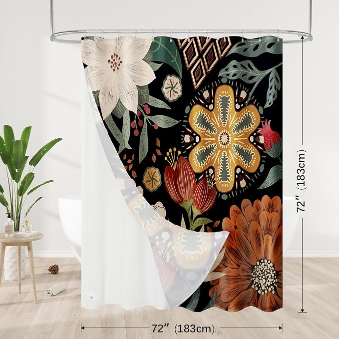 3 in 1 Boho Floral Shower Curtain Set with PEVA Liner & 12 Hooks, 72 x 72 | Boho Tropical Botanical Style, Farmhouse Floral Fabric, Modern Hotel Inspired, Water‑Repellent, Machine Washable