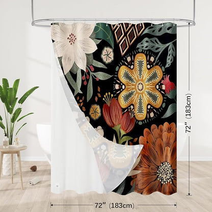 3 in 1 Boho Floral Shower Curtain Set with PEVA Liner & 12 Hooks, 72 x 72 | Boho Tropical Botanical Style, Farmhouse Floral Fabric, Modern Hotel Inspired, Water‑Repellent, Machine Washable