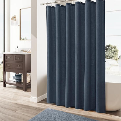 Denim Blue Linen Shower Curtain, Country Boho Farmhouse Bath Decor Shower Curtains Neutral Cloth Weighted Textured Fabric Bath Curtain Liner with Hooks, 72x78